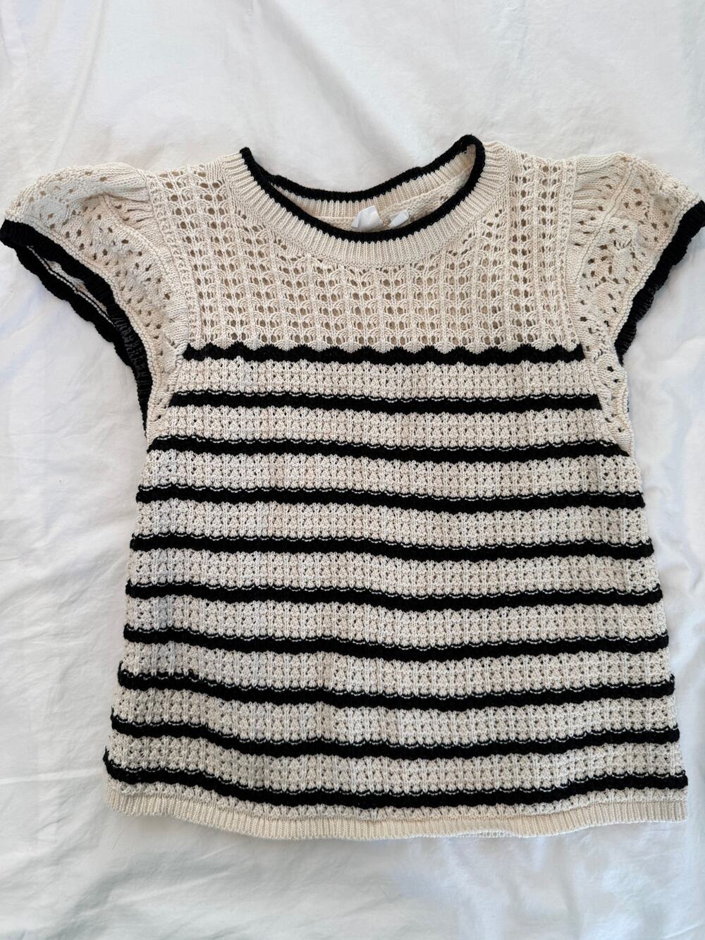 GAP Cream Black Stripe Open Knit Short Sleeve Sweater Women S